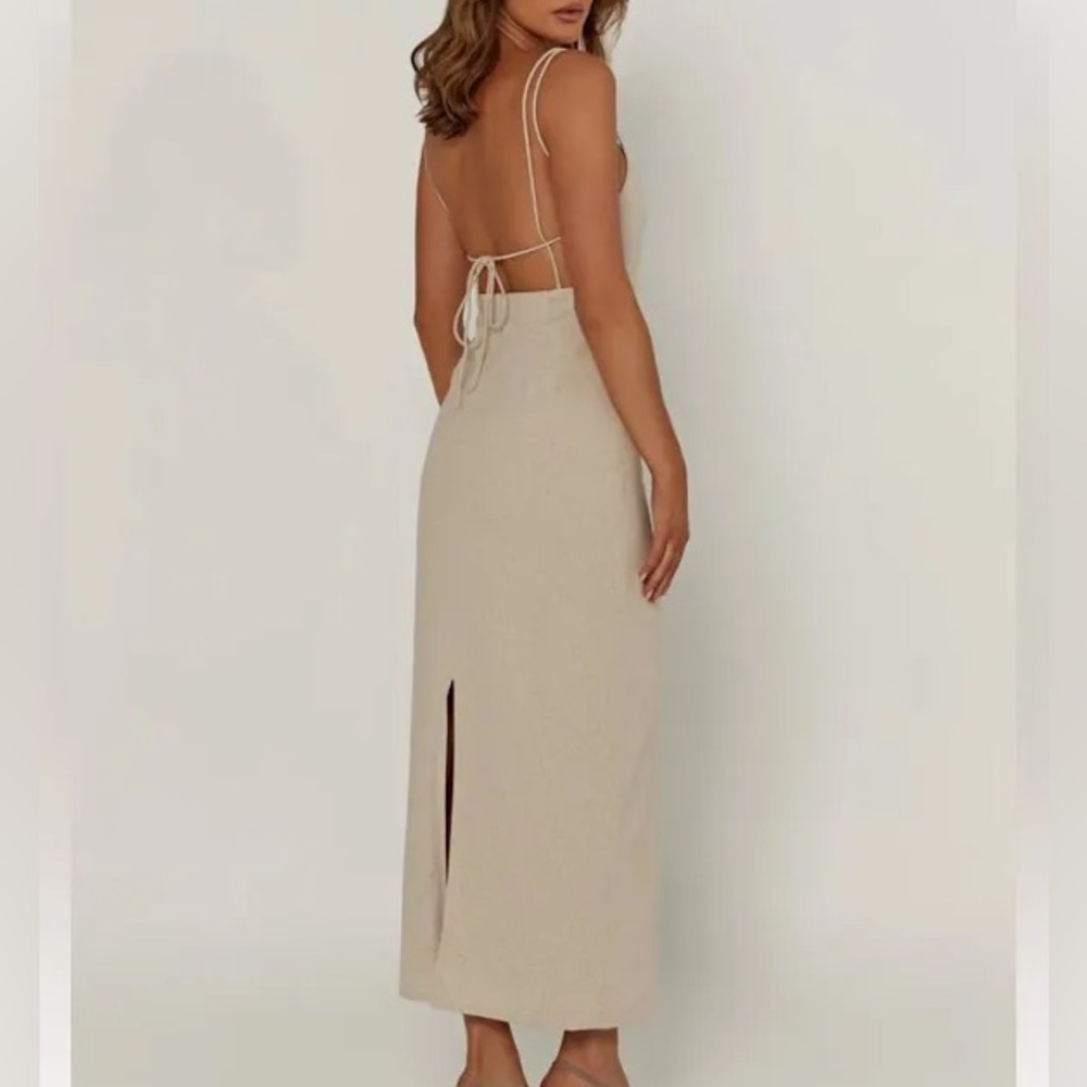 Meshki linen backless midi dress in tan, XS.